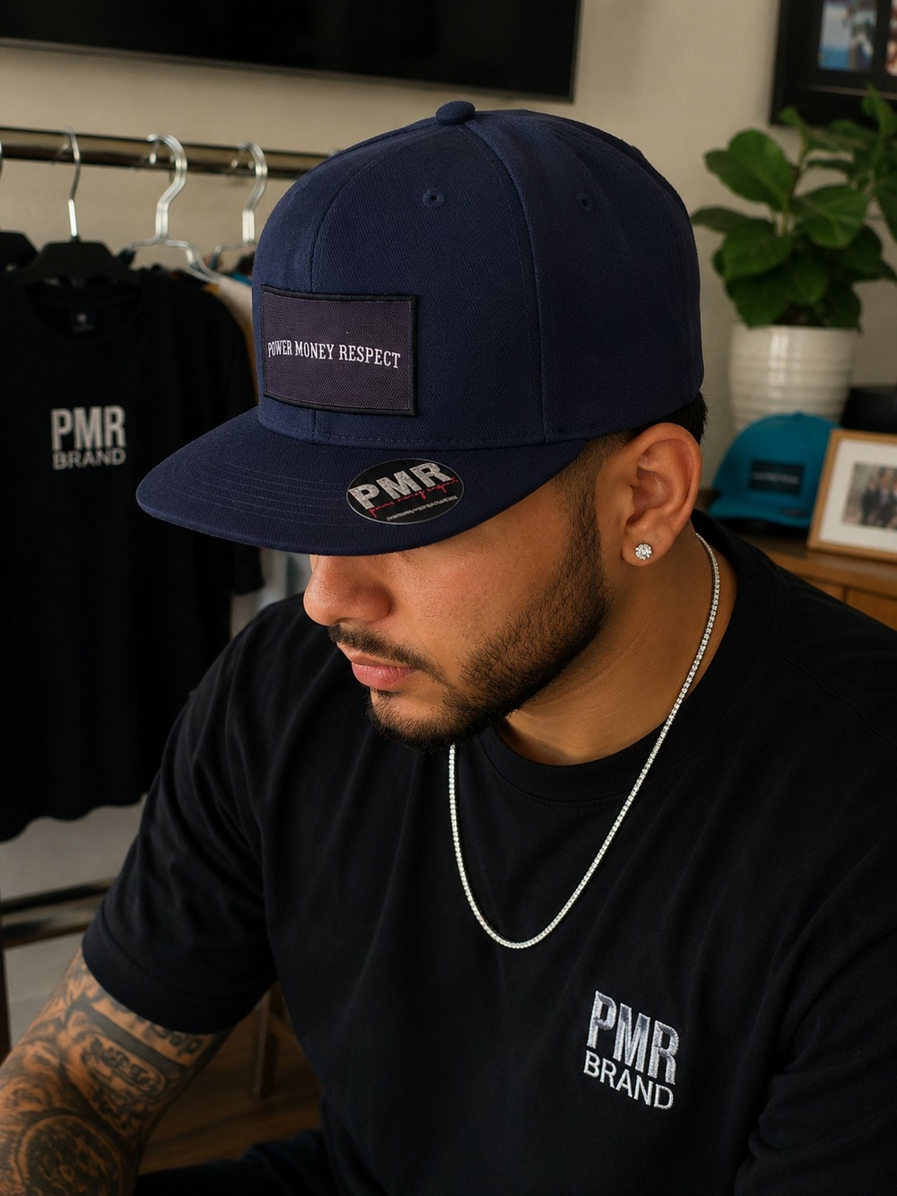 Brand Navy Snapback Hat - Power Money Respect